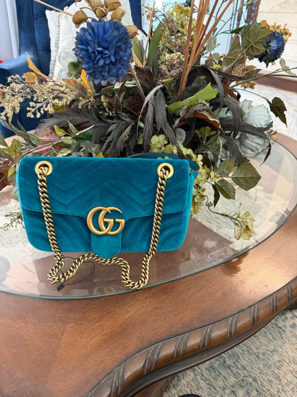 Gucci Teal Velvet GG Marmont Shoulder Bag with Gold Hardware